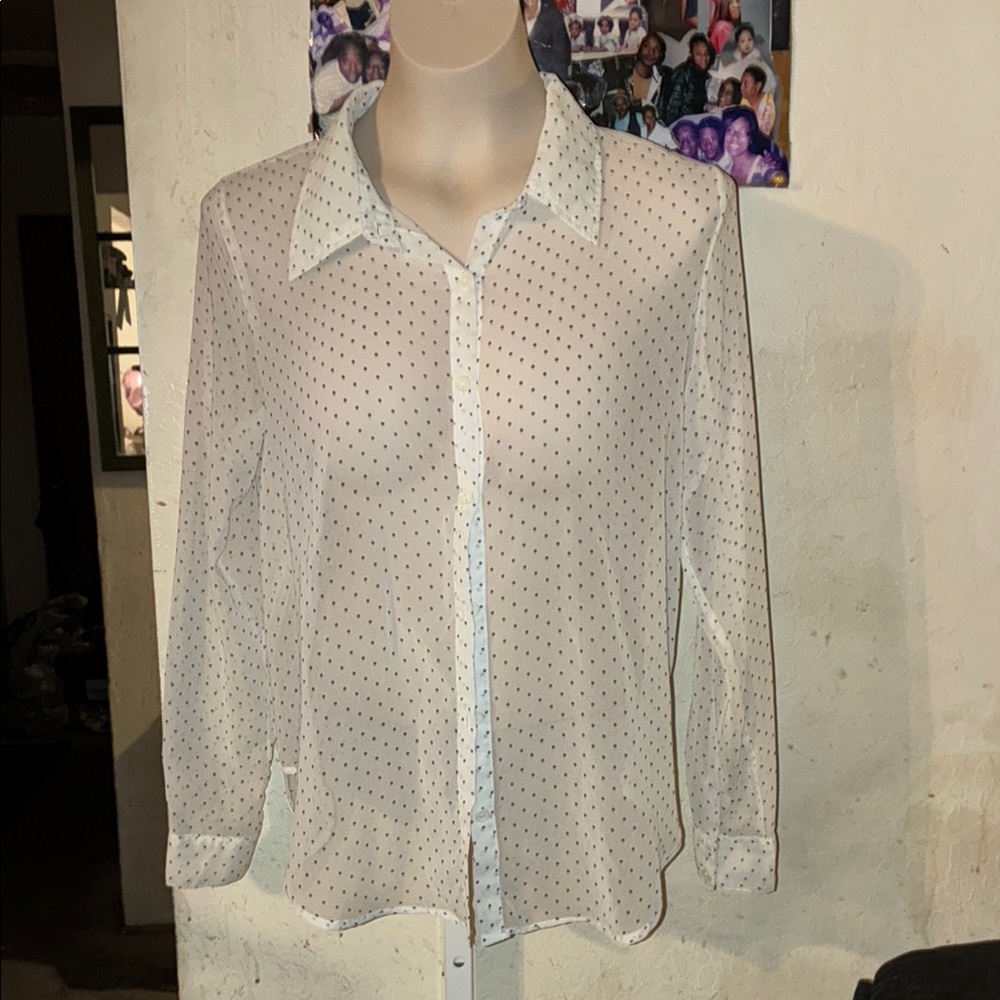💥Forever 21 Sheer White Button Down Shirt with Black Dots